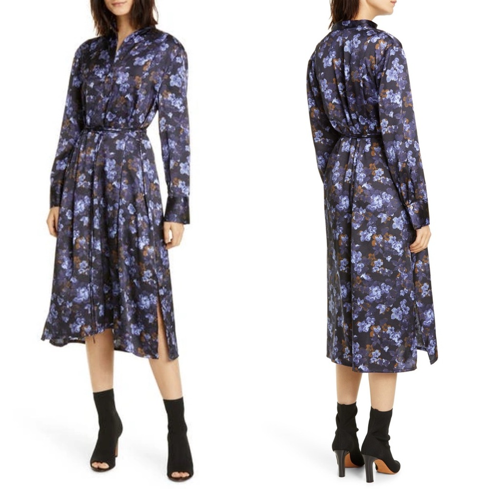 Vince Plumeria Blooms Long Sleeve Hammered Satin Dress